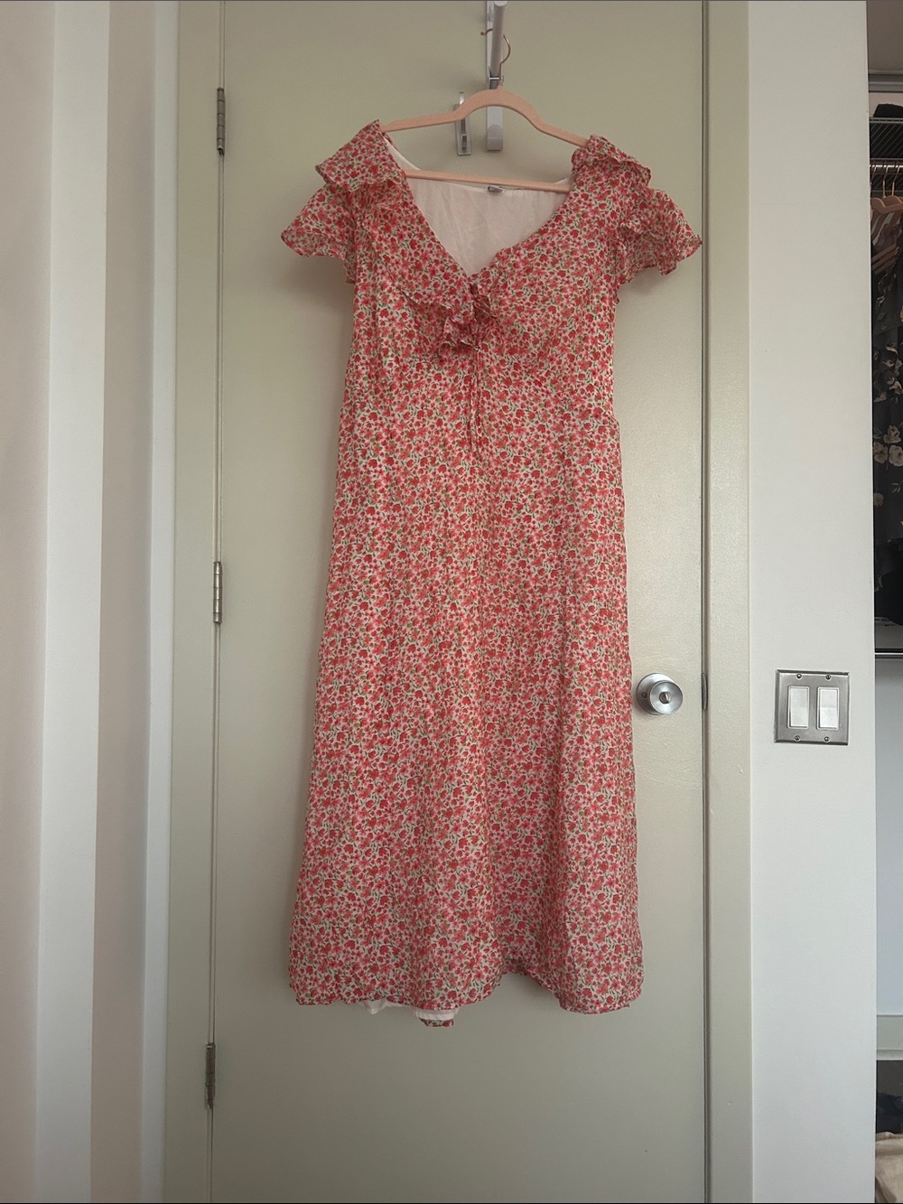 Old Navy Pink Floral Midi Dress with Tie-Front and Ruffle Sleeves